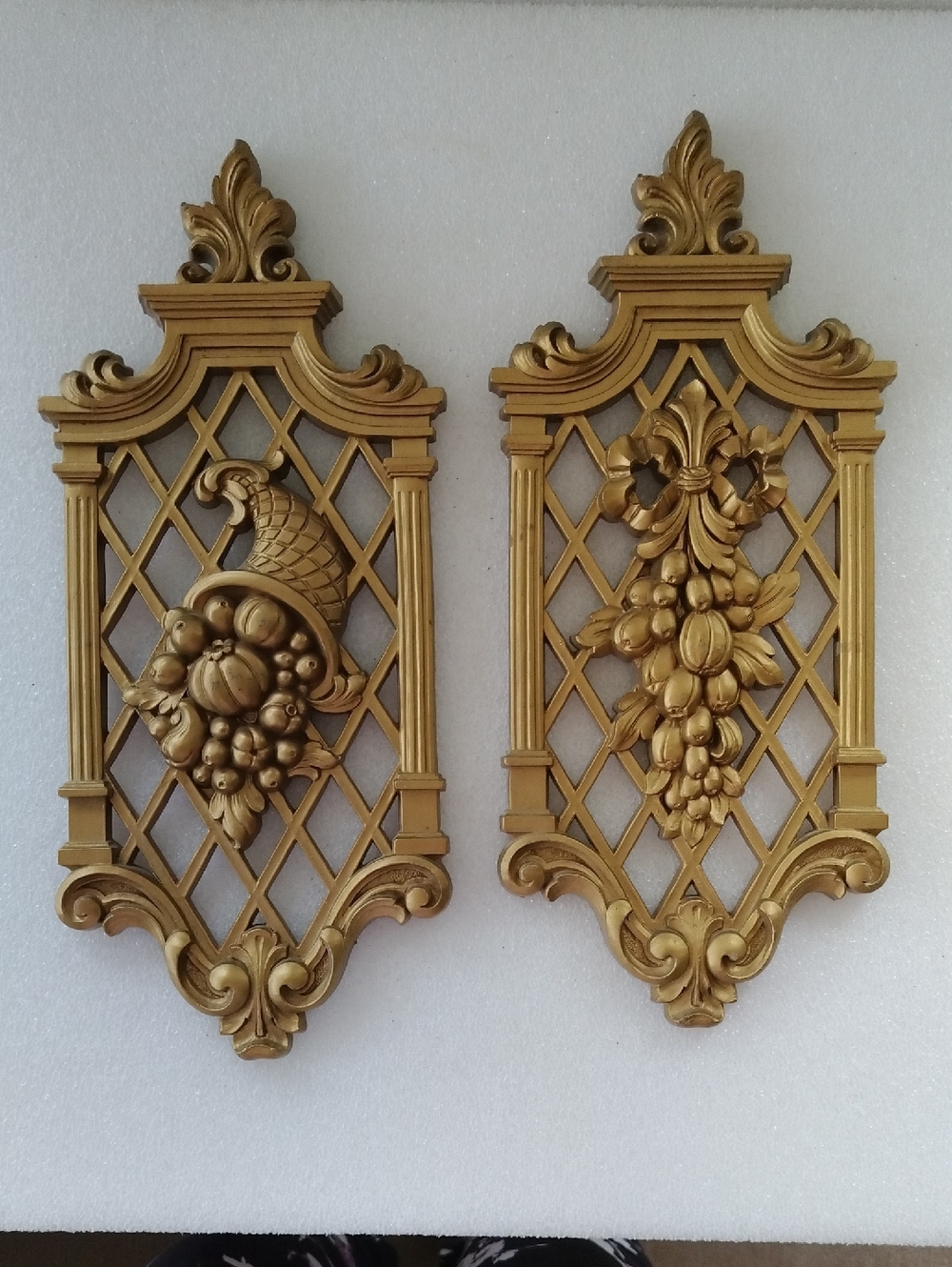 Vintage Gold Decorative Wall Plaques - Ornate Fruit & Cornucopia Set 14 Inches
